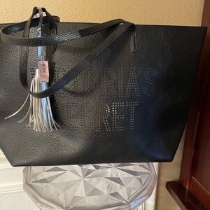 Victoria’s Secret Gorgeous Faux Black Leather and Silver Large Tote Bag NWT
